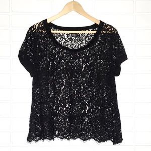 Torrid | Black Floral Lace Sheer Short-Sleeve Scoop-Neck Eyelash-Hemline Top